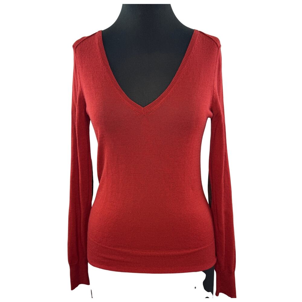 Kookai Red Sweater Wool Rib Knit Deep V-Neck Elbow Patch Long Sleeve Top Size 1